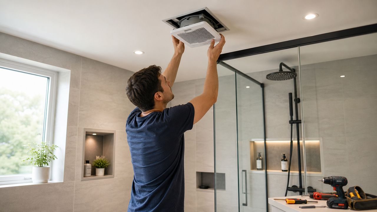 Tekniker installerer ventilationssystem i moderne badeværelse.