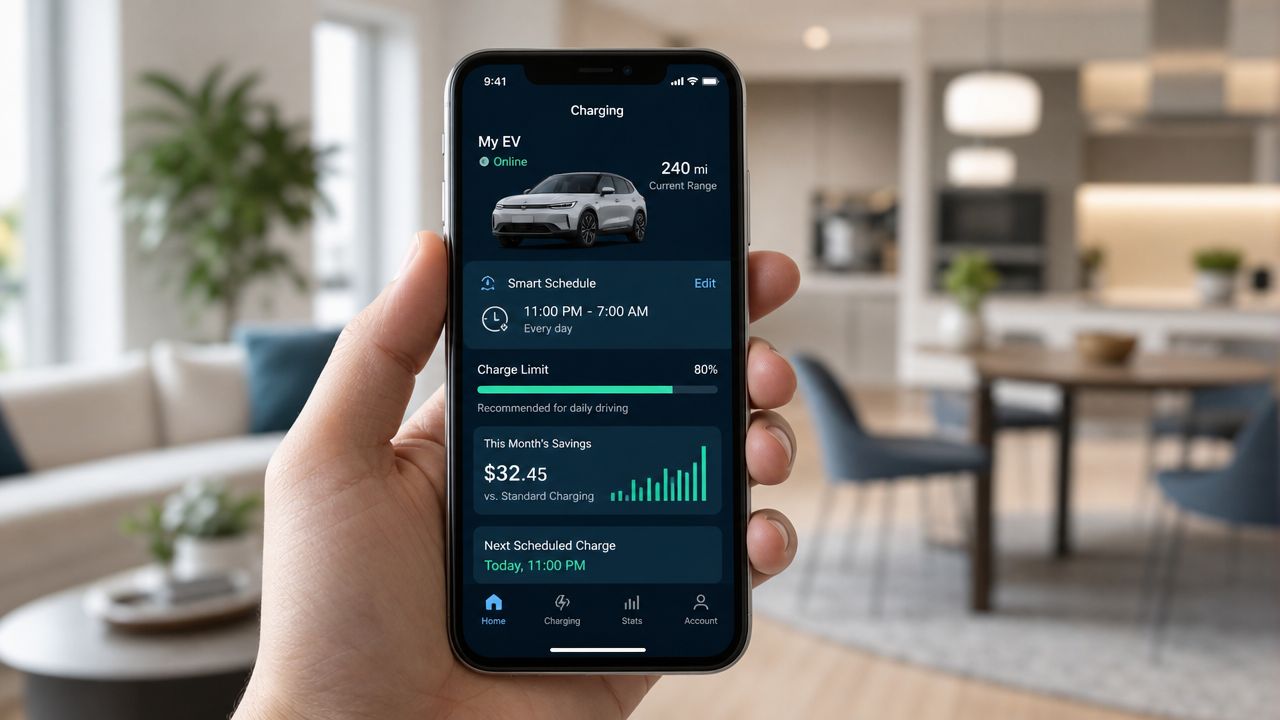 En person holder en smartphone, der viser en app til styring og overvågning af elbilens opladning.