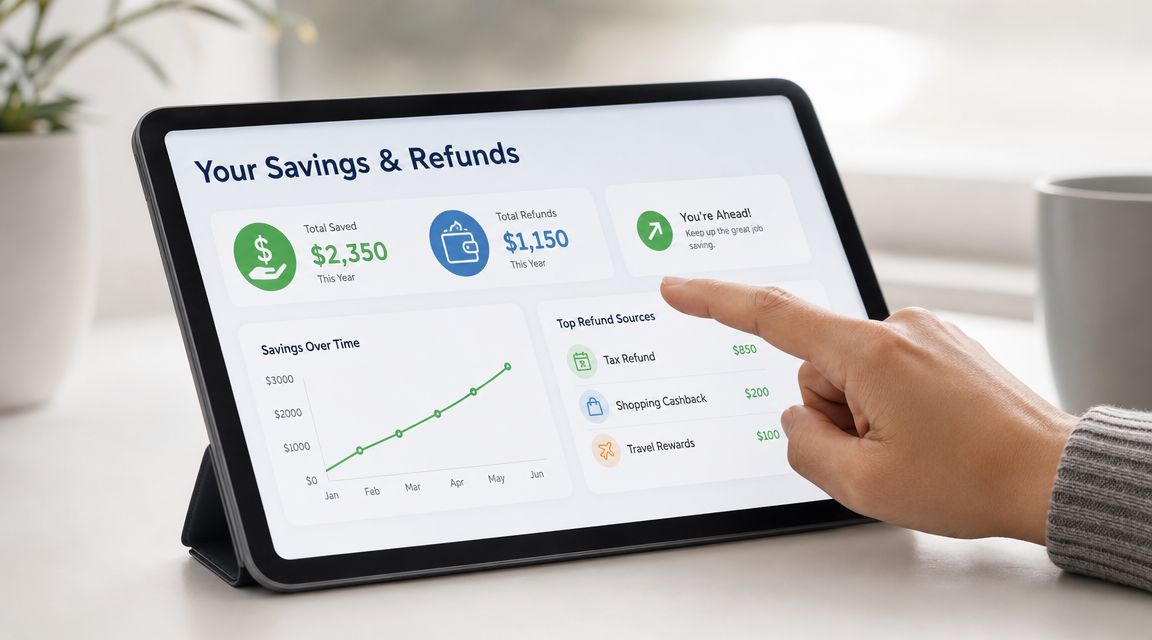 En person bruger en tablet til at tjekke opsparing, refusioner og finansielle grafer i en app.