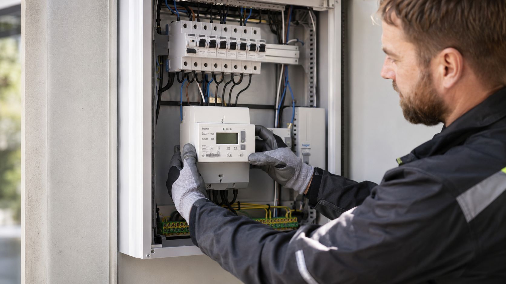 En elektriker installerer eller vedligeholder en bimåler til el i et elektrisk sikringsskab med beskyttelseshandsker.