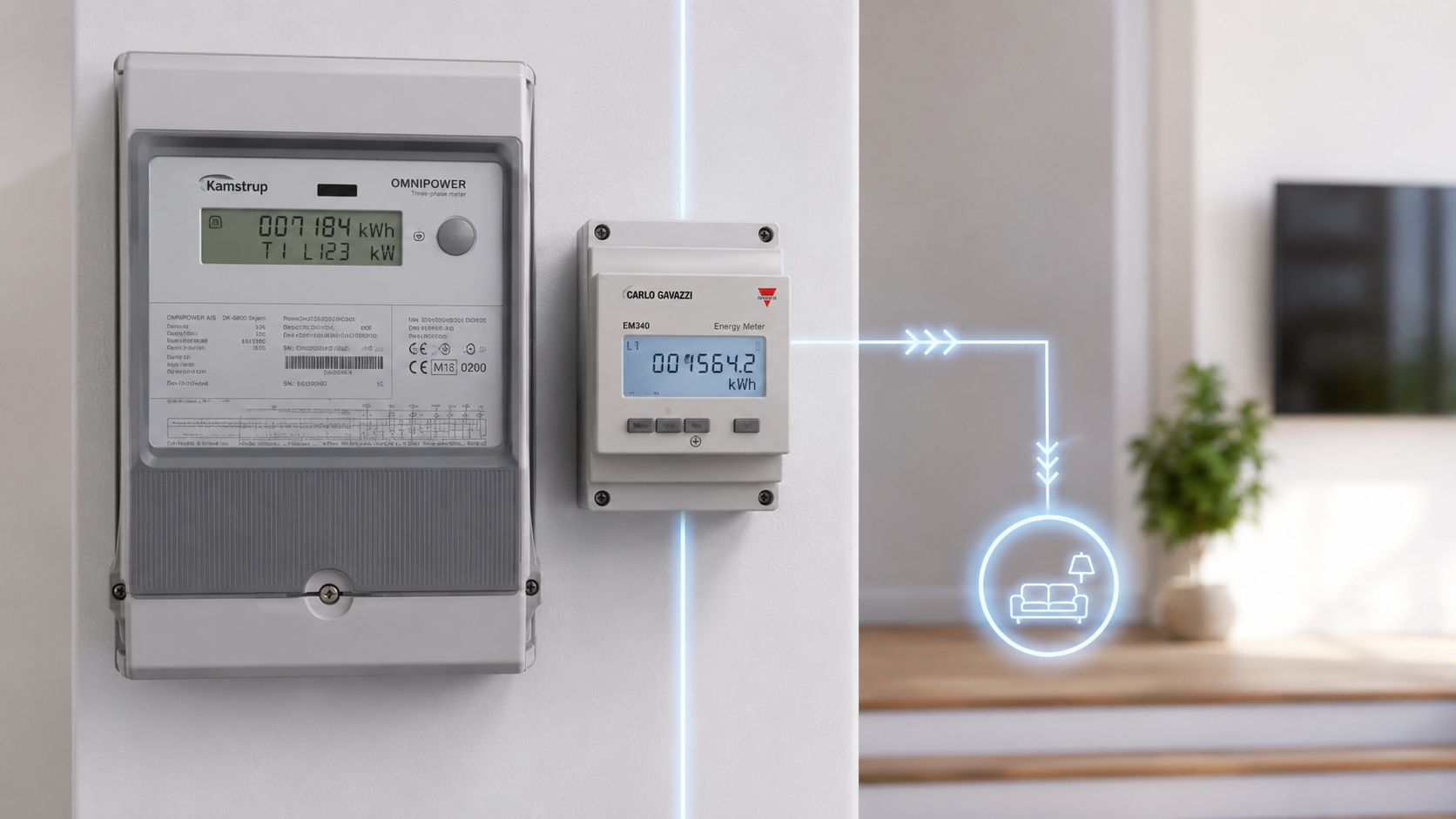 En Kamstrup el-måler monteret ved siden af en Carlo Gavazzi EM340 bimåler til overvågning af elforbruget.