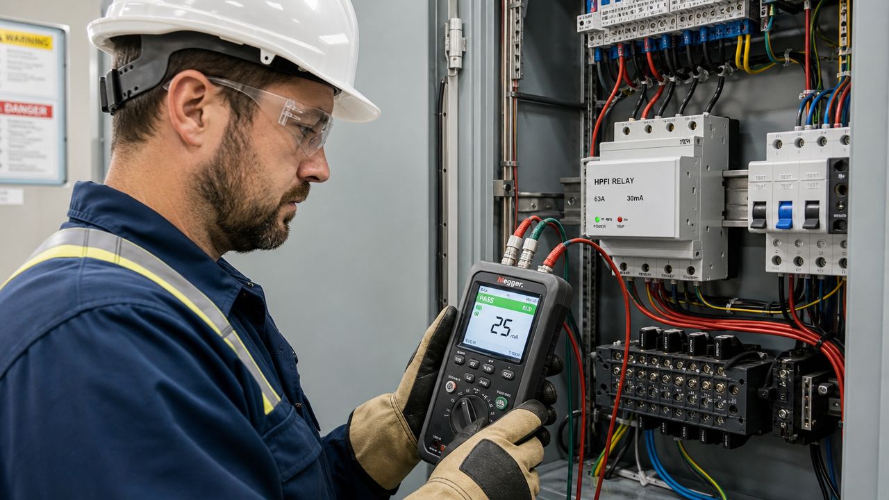 Elektriker der udfører test af HPFI-relæ i et elektrisk tavleanlæg med professionelt måleudstyr i hånden