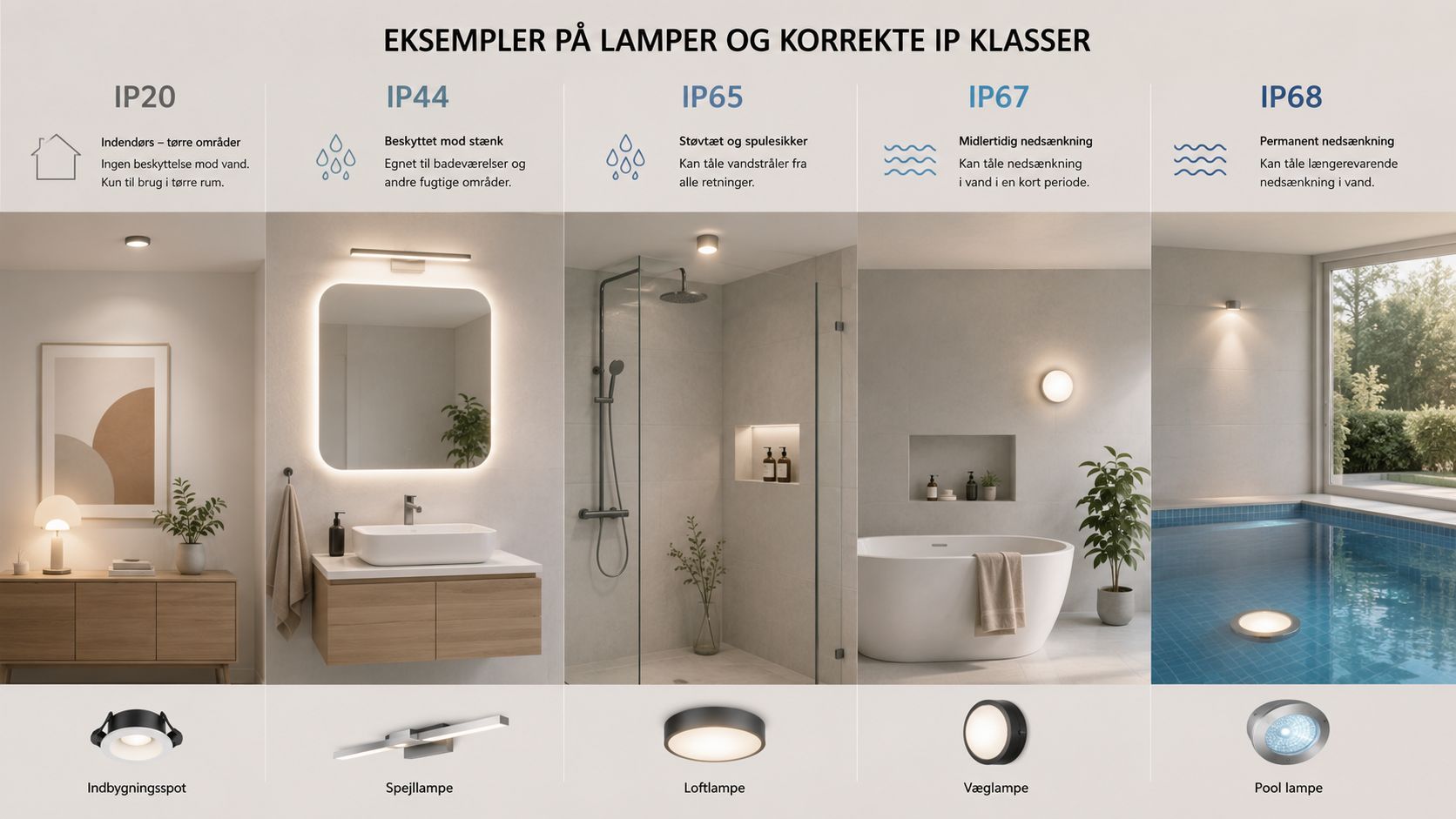 Grafik der forklarer forskellige IP-klasser for lamper til badeværelset, fra indendørs brug til nedsænkning i pool.