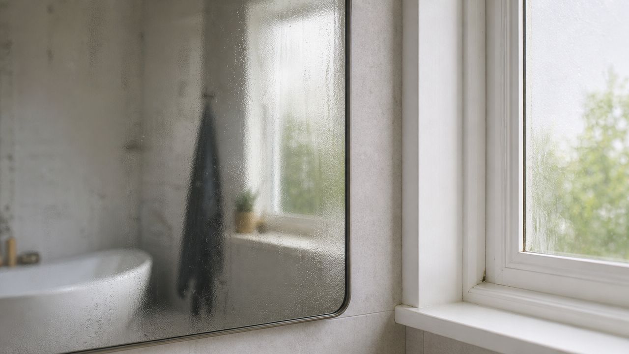 Dampet badeværelsesspejl og vindue viser behovet for effektiv ventilation og fugtstyring i et moderne badeværelsesmiljø.