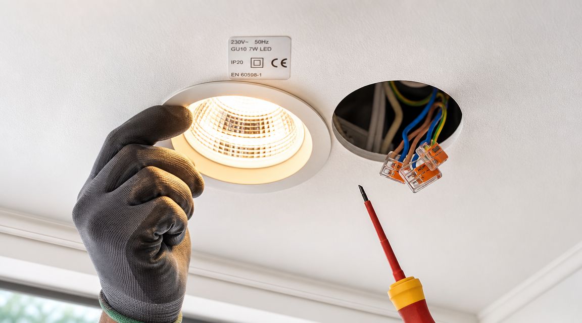 En elektriker installerer et indbygget LED-spot i et hvidt loft med synlige elektriske ledninger og værktøj.