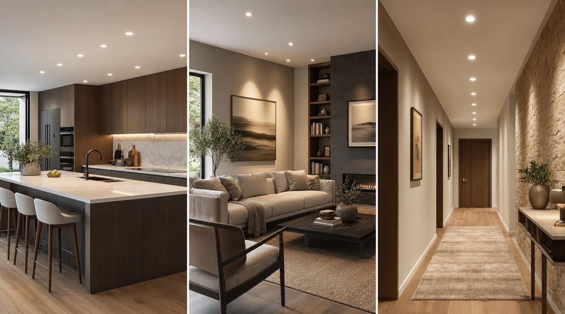 Moderne interiørdesign der viser indbygningsspots placeret i loftet i et køkken, stue og en lang gang.