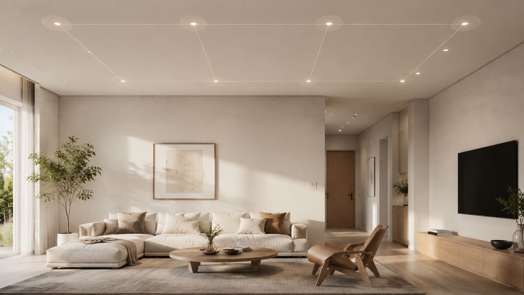Moderne stue med lyst interiør og indbyggede loftspots, der skaber en rolig og minimalistisk atmosfære i hjemmet.