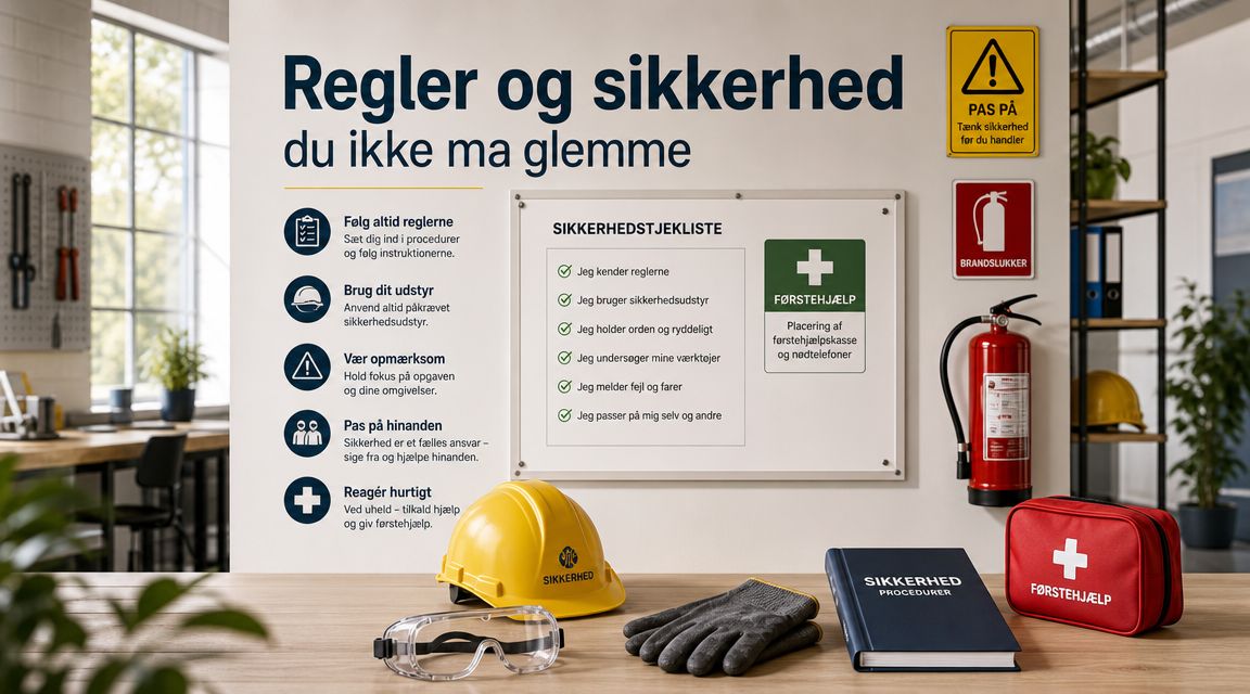 En sikkerhedsinstruktion på en væg med en gul hjelm, handsker, beskyttelsesbriller og en førstehjælpskasse på et bord.