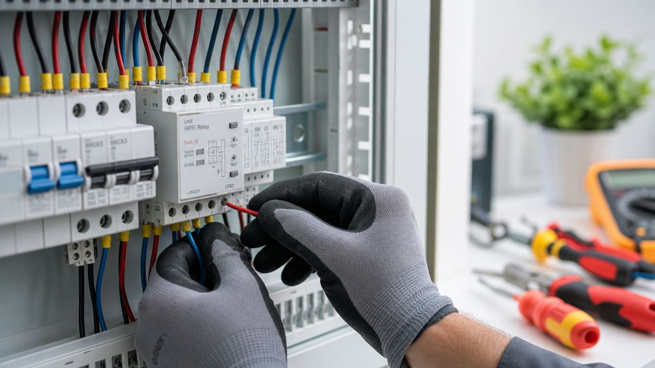 En elektriker monterer et HPFI-relæ i en el-tavle med professionelt værktøj og beskyttelseshandsker på.