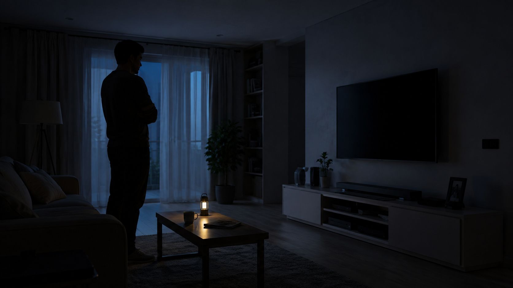 En mand står alene i en mørk stue oplyst af en lille lanterne på et sofabord om aftenen.