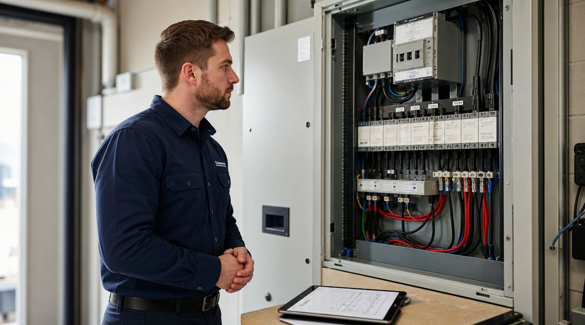 En tekniker undersøger et elektrisk kontrolpanel med sikringer og kabler i en industriel bygning.