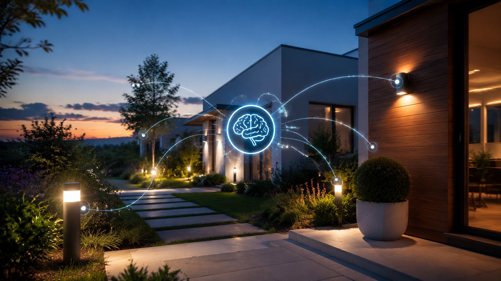 Moderne smart udendørs belysning styret af kunstig intelligens i en smuk have ved et hus om aftenen.