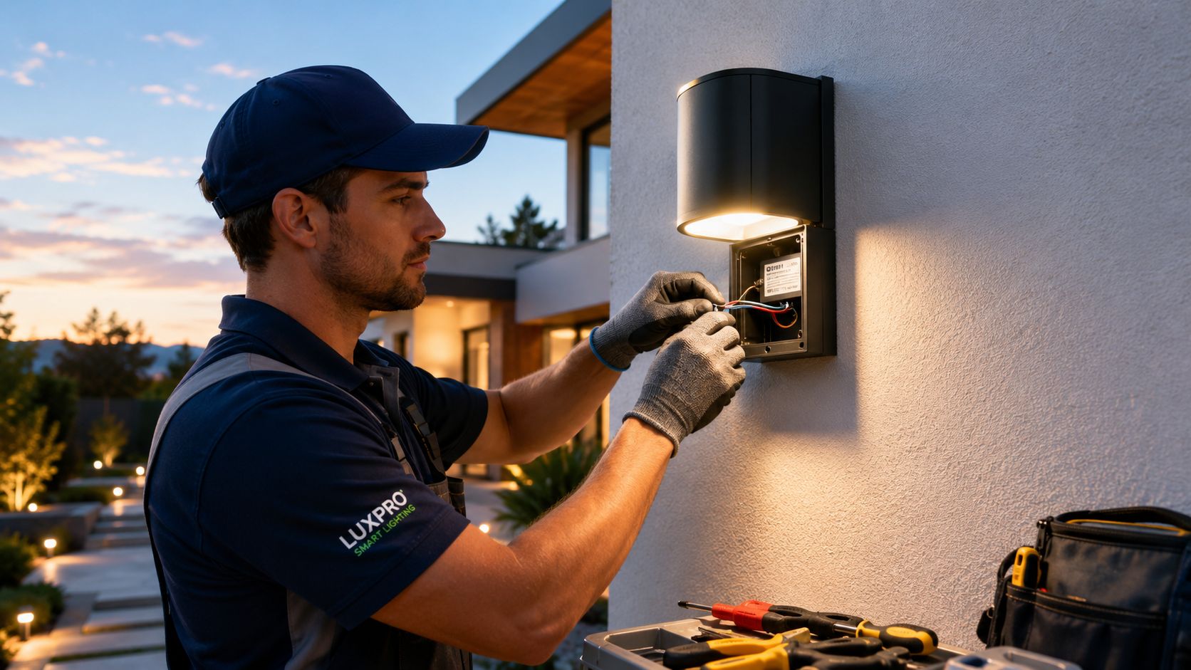En elektriker installerer smart udendørs belysning på en hvid husmur under en smuk solnedgang.