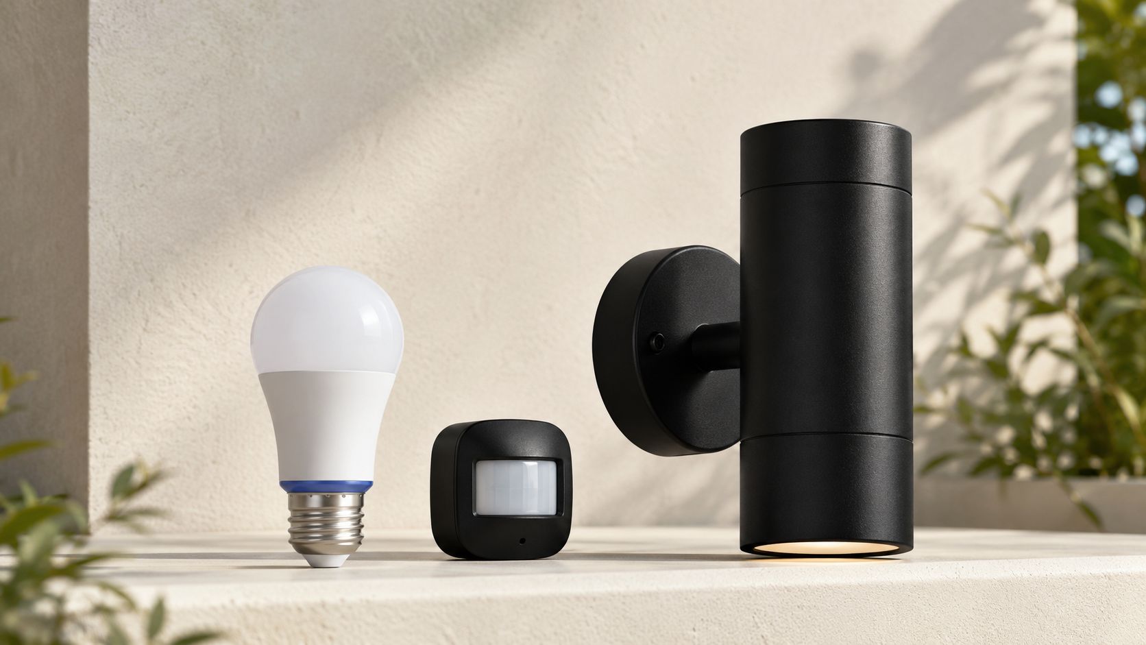 Sæt med smart udendørs belysning bestående af en LED-pære, en bevægelsessensor og en sort væglampe.