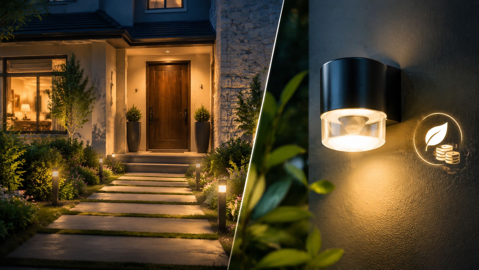 Moderne smart udendørs belysning lyser stien op til hoveddøren på et smukt indrettet hus om aftenen.