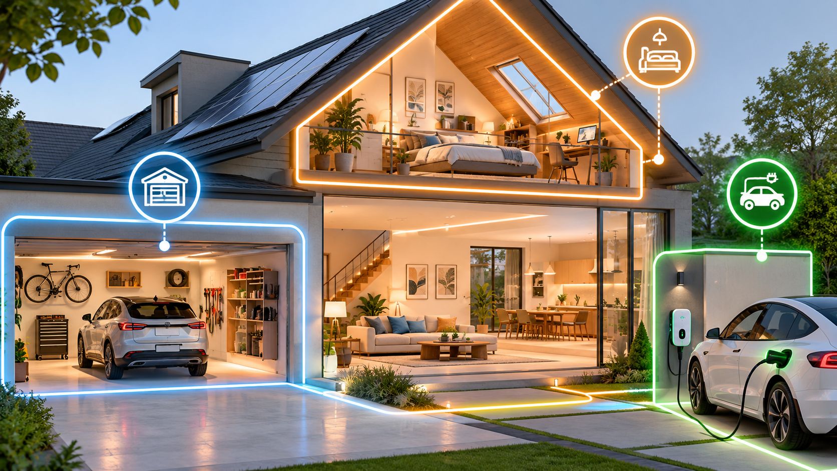 Moderne smart hjem med solpaneler, elbil-opladning og intelligent styring af energi i alle husets rum.