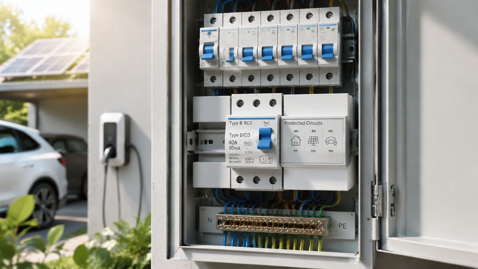 En elektrisk eltavle med en type B fejlstrømsafbryder installeret ved siden af en ladestander til elbiler.