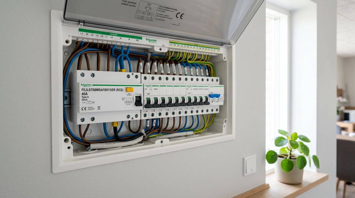 Et åbent sikringsskab monteret på en hvid væg med en fejlstrømsafbryder og flere elektriske automatsikringer installeret.
