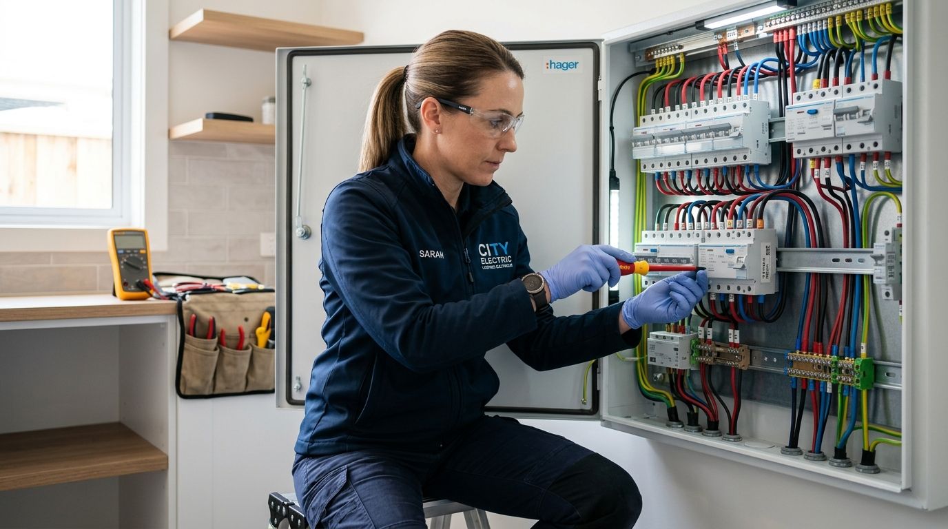 En kvindelig elektriker arbejder fokuseret med installation og test af en elektrisk tavle med sikkerhedsudstyr.