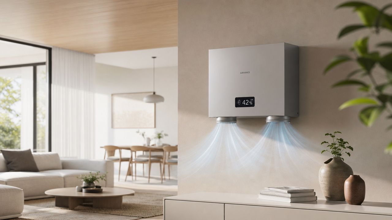 En moderne Airvance vægmonteret ventilationsenhed med fugtstyring, der effektivt renser luften i en stilfuld, lys stue.