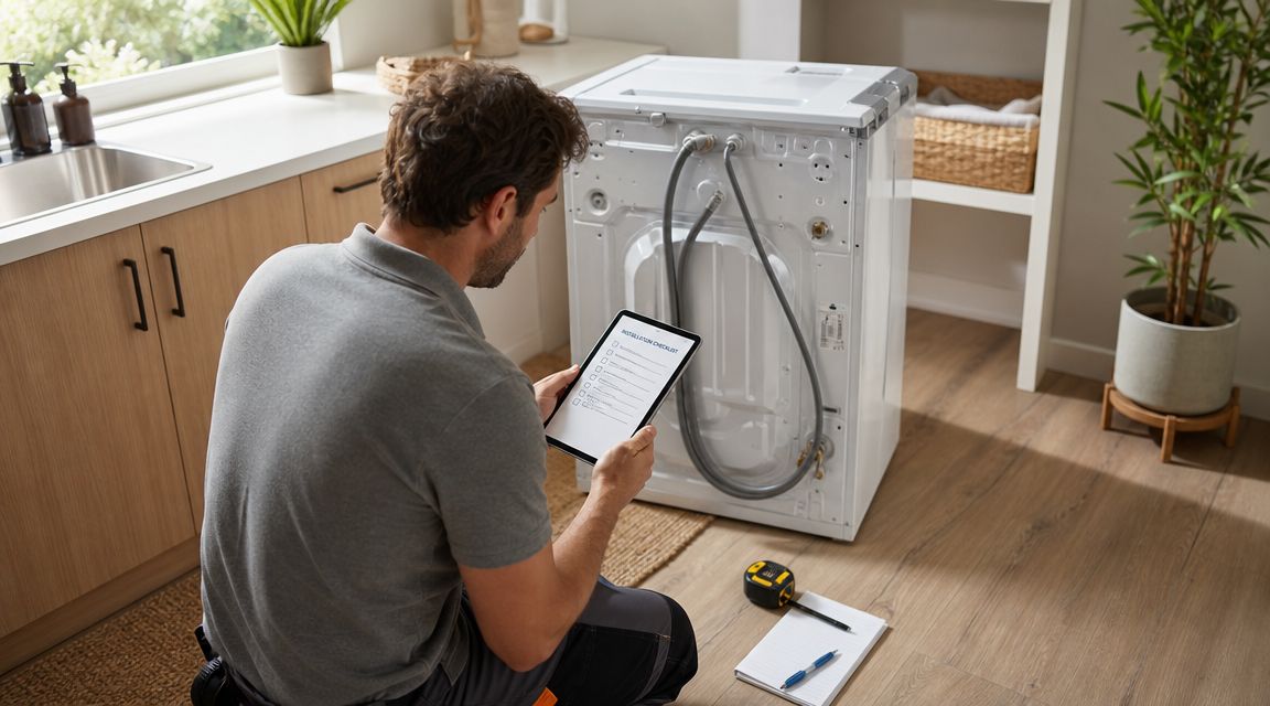 En tekniker tjekker en monteringsliste på en tablet foran en ny vaskemaskine i et køkkenmiljø.