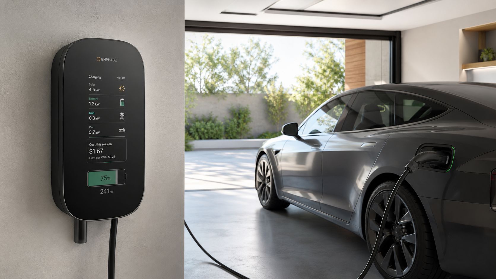 En Enphase-opladningsstation monteret på en væg, der oplader en moderne elbil i en lys garage.