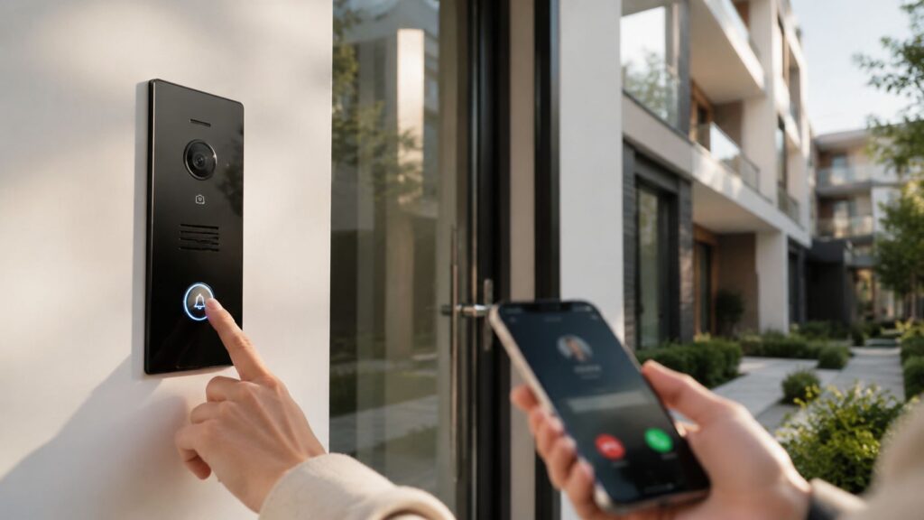 Person der trykker på en videoovervågningsknap med smartphone i hånden.