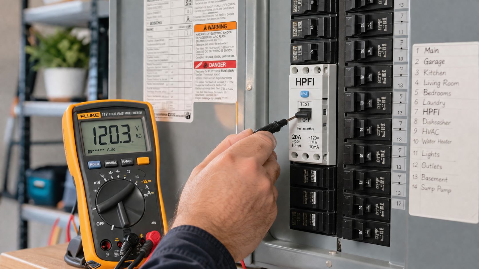 En elektriker måler spændingen på et HPFI-relæ i en el-tavle ved hjælp af et digitalt multimeter.