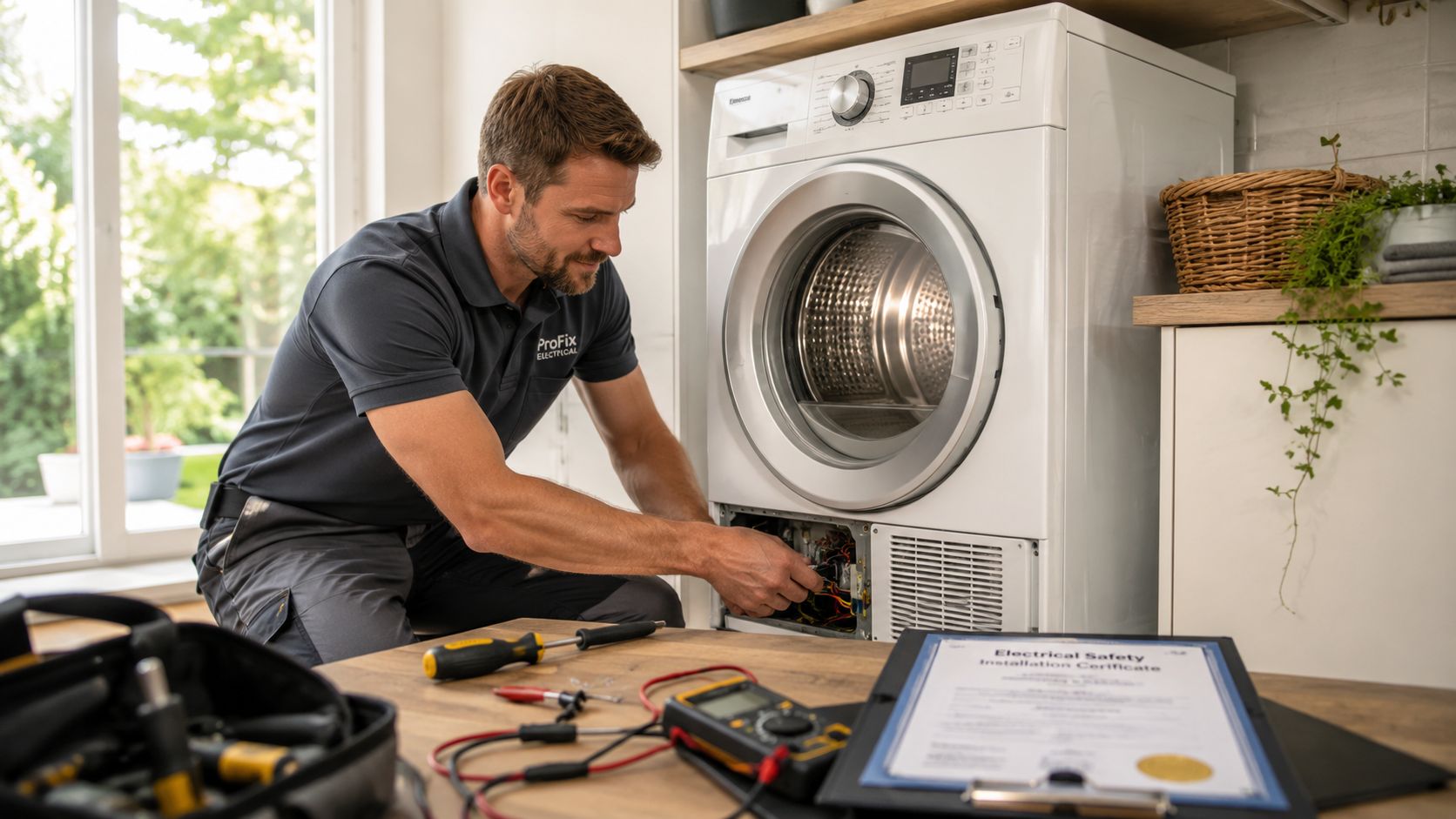 En professionel tekniker fra ProFix Electrical reparerer eller installerer en tørretumbler hjemme hos en kunde.