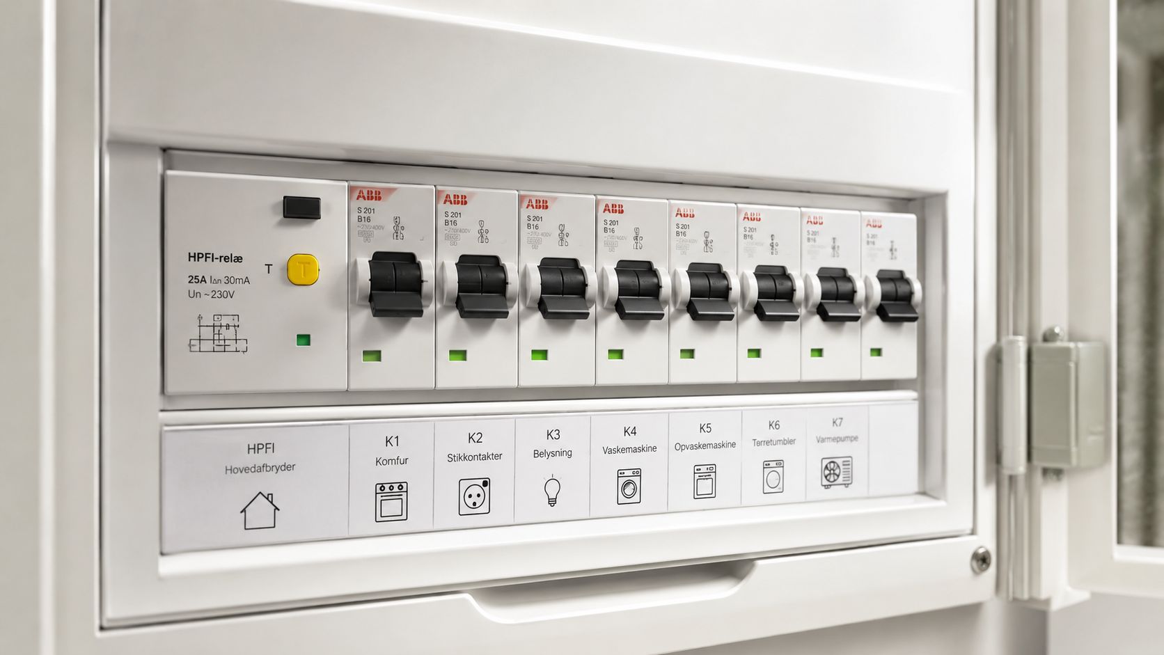 Et elektrisk sikringsskab med tydelig mærkning af de forskellige grupper til boligens installationer og apparater.