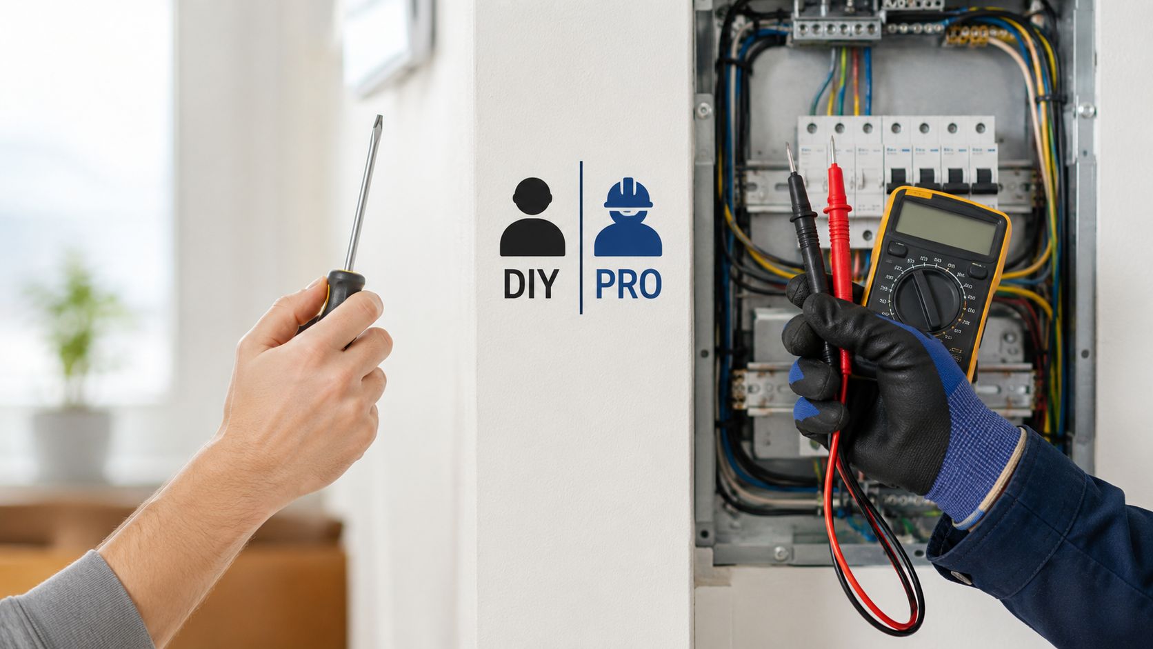 En sammenligning mellem gør-det-selv og professionel elektriker foran et el-skab med værktøj og multimeter.