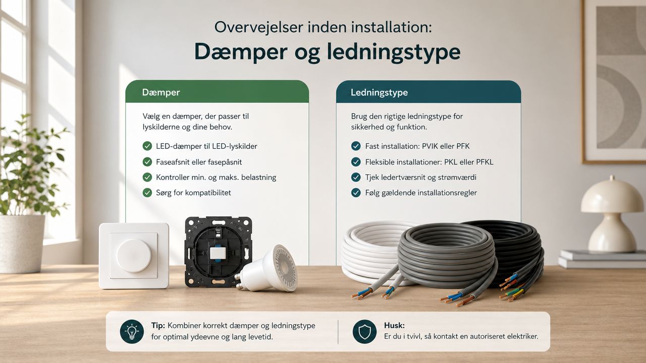 En infografik om valg af korrekt lysdæmper og ledningstype til installation af belysning i hjemmet.