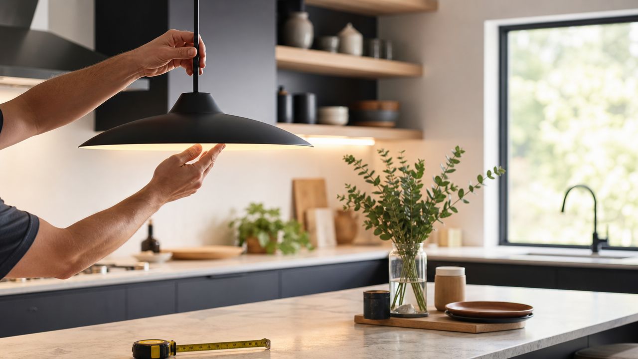 En person installerer en stilfuld, moderne sort loftlampe over en køkkenø med marmorbordplade i et lyst køkken.