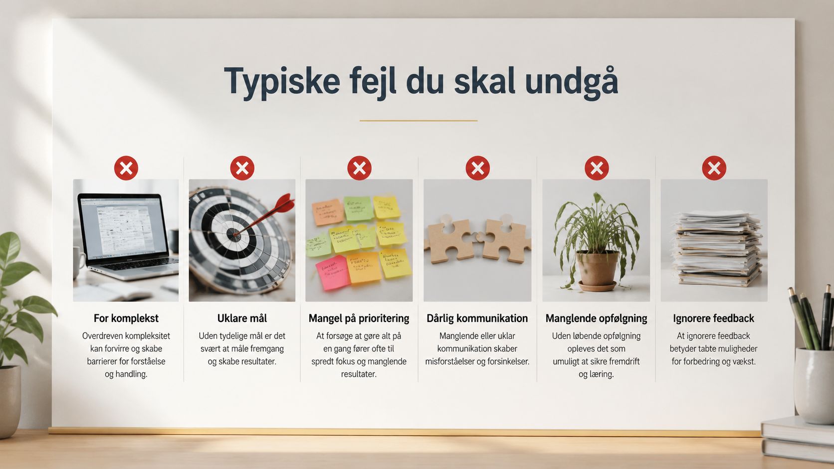 En oversigt over seks typiske ledelsesfejl, der kan hæmme vækst, produktivitet og effektiv kommunikation i en virksomhed.