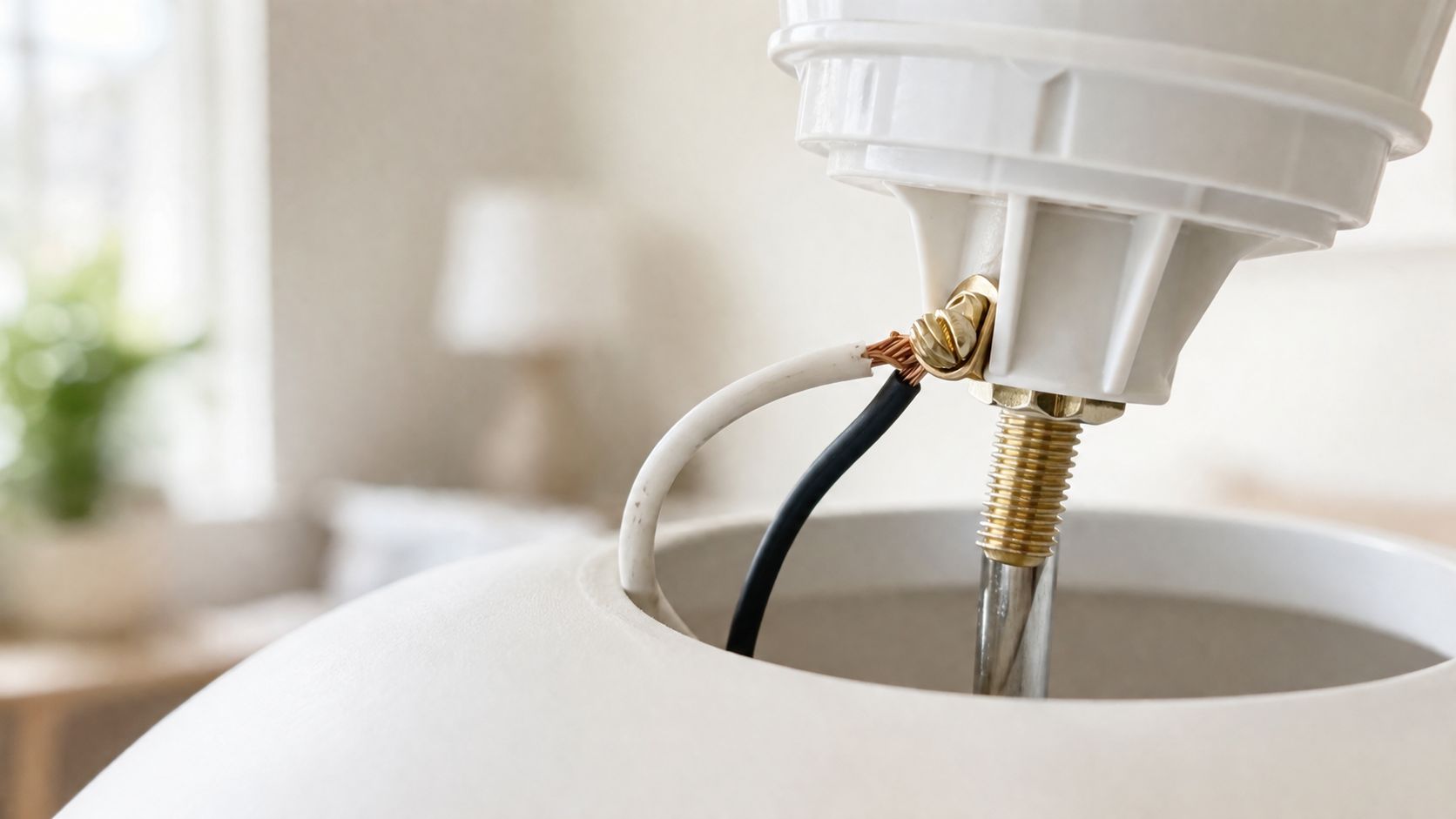 Nærbillede af en elektrisk ledning til en lampe, der er fastgjort til et metalbeslag i loftlampen.