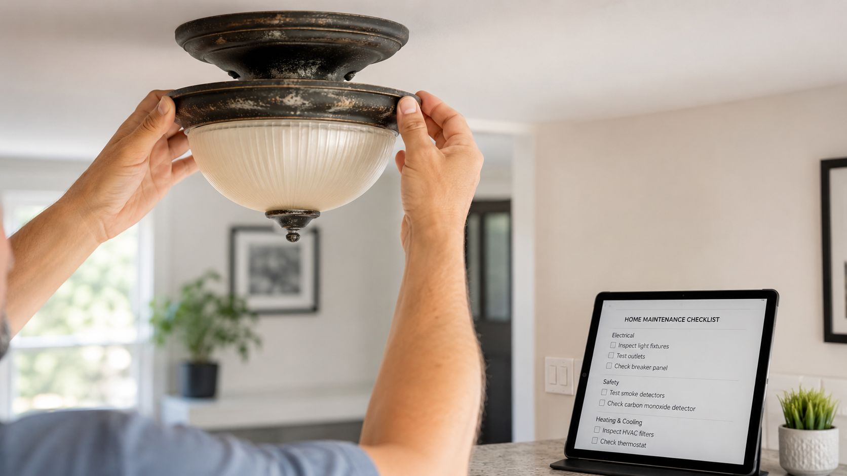 En person inspicerer og vedligeholder en loftslampe mens en tjekliste vises på en tablet i nærheden.