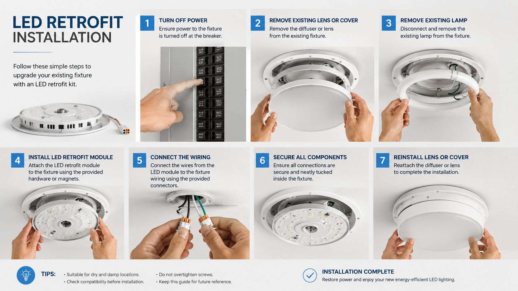 En syv-trins illustreret guide til installation af et LED retrofit kit i en eksisterende loftlampe.