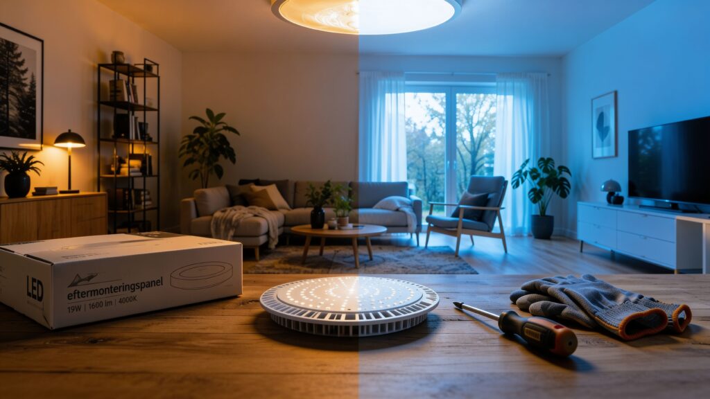 Stue med LED-lys, sofa, TV og store vinduer.