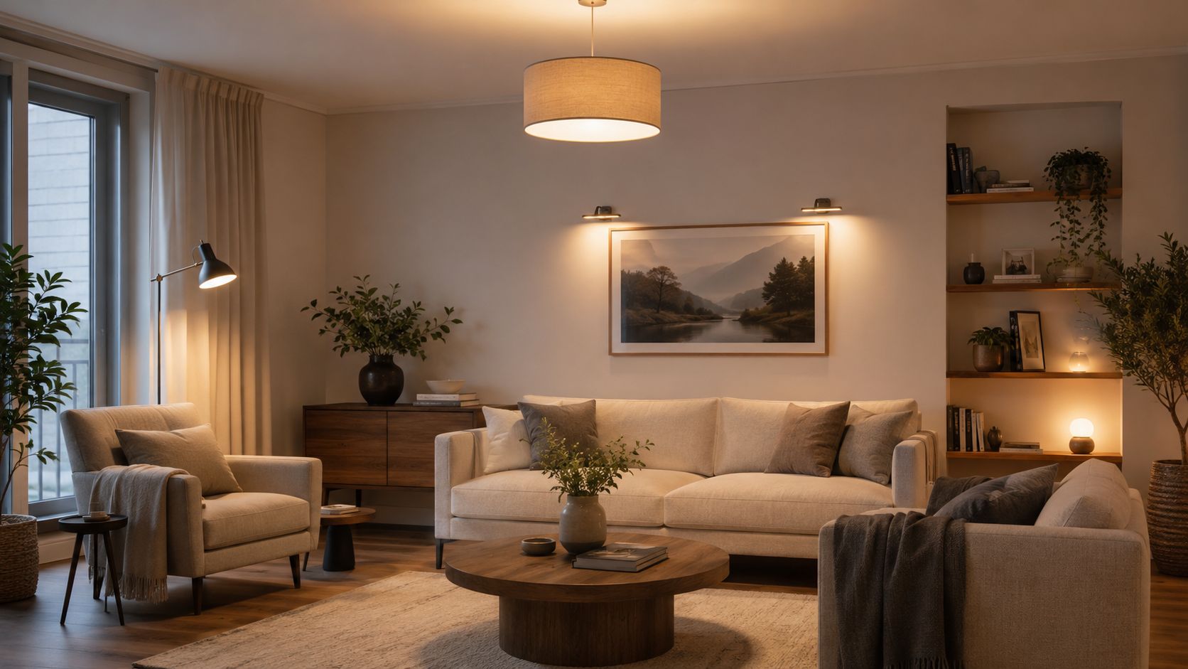 En moderne og hyggelig dagligstue med blød sofa, lænestol, dæmpet belysning og varme naturlige toner i indretningen.