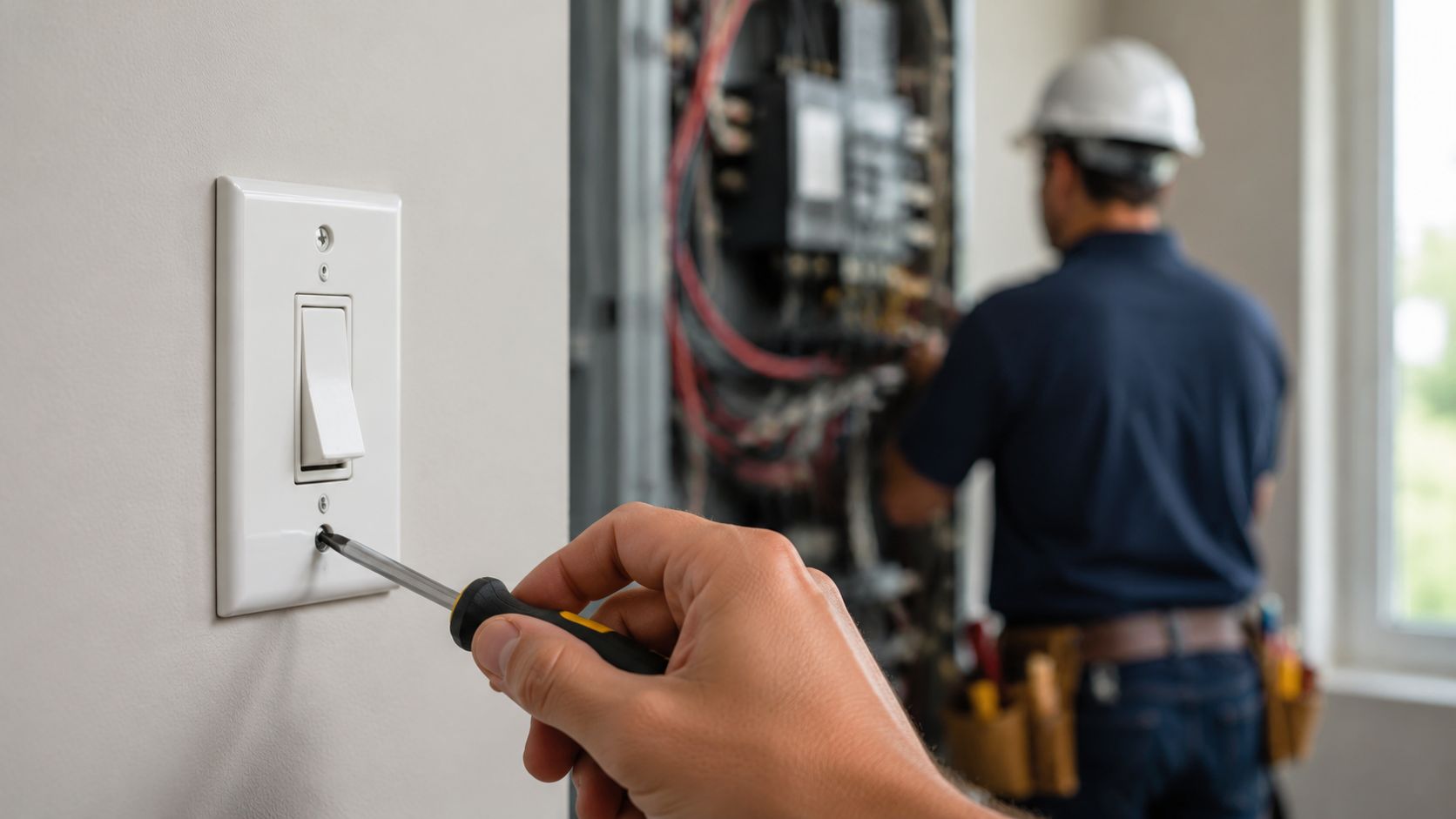 En elektriker installerer en lyskontakt på væggen, mens en anden elektriker arbejder i baggrunden på eltavlen.