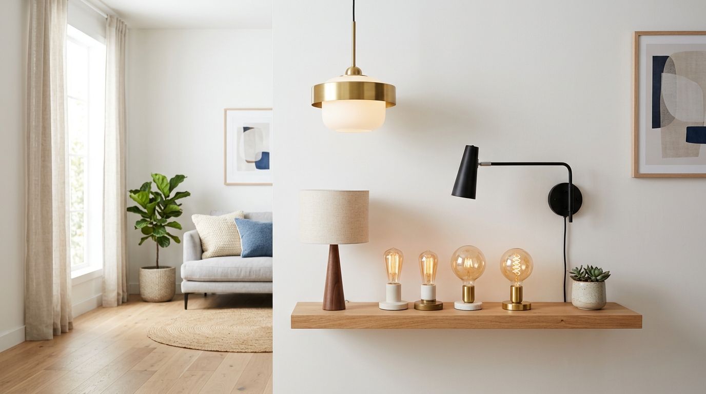 En elegant stue med træhylde, dekorative bordlamper, pærer og moderne vægbelysning i en minimalistisk indretning.