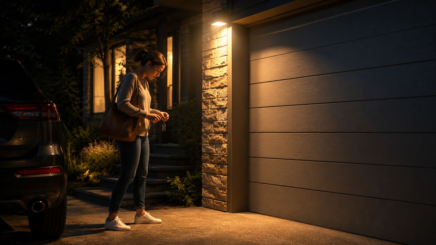 En kvinde står ved sin garage om aftenen og finder sine nøgler frem i lyset fra en udendørslampe.