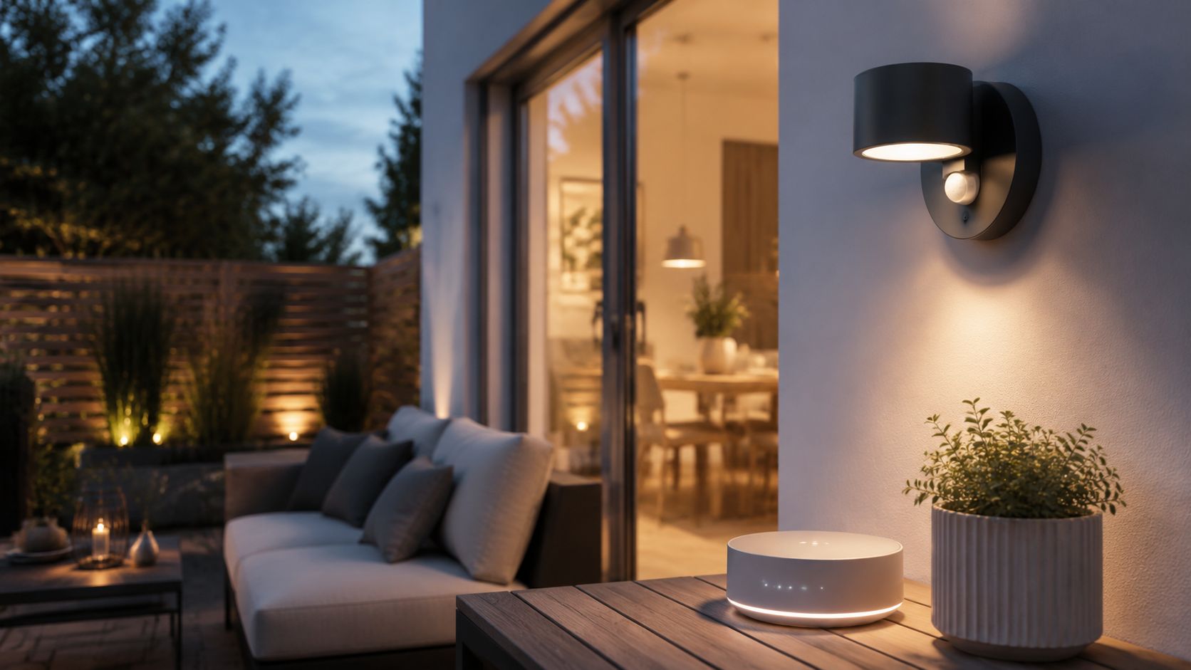En moderne udendørs væglampe med bevægelsessensor oplyser en hyggelig terrasse med behageligt varmt lys om aftenen.