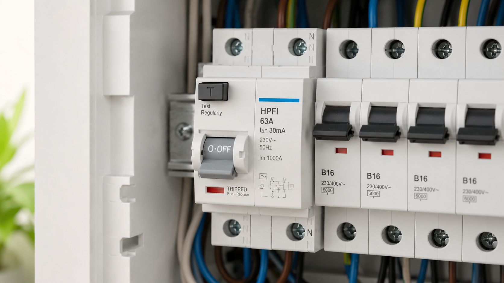 Et tæt billede af et elektrisk relæ i et sikringsskab, hvor afbryderen står i slukket position.