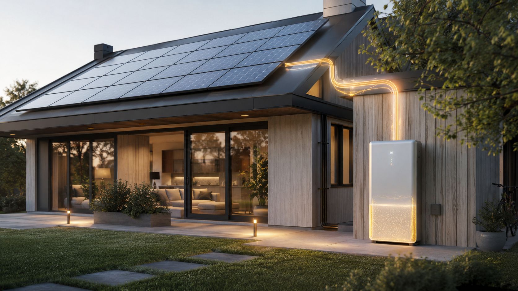 Moderne hus med solcellepaneler på taget og et tilkoblet batterilagringssystem til grøn energi i haven.