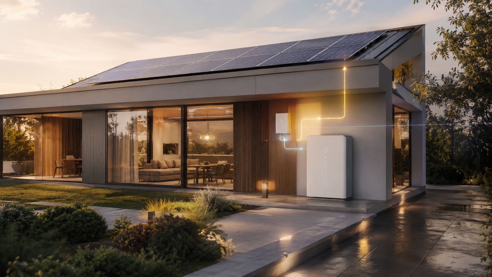 Et moderne hus med solpaneler på taget og et integreret batteri til lagring af solenergi ved solnedgang.