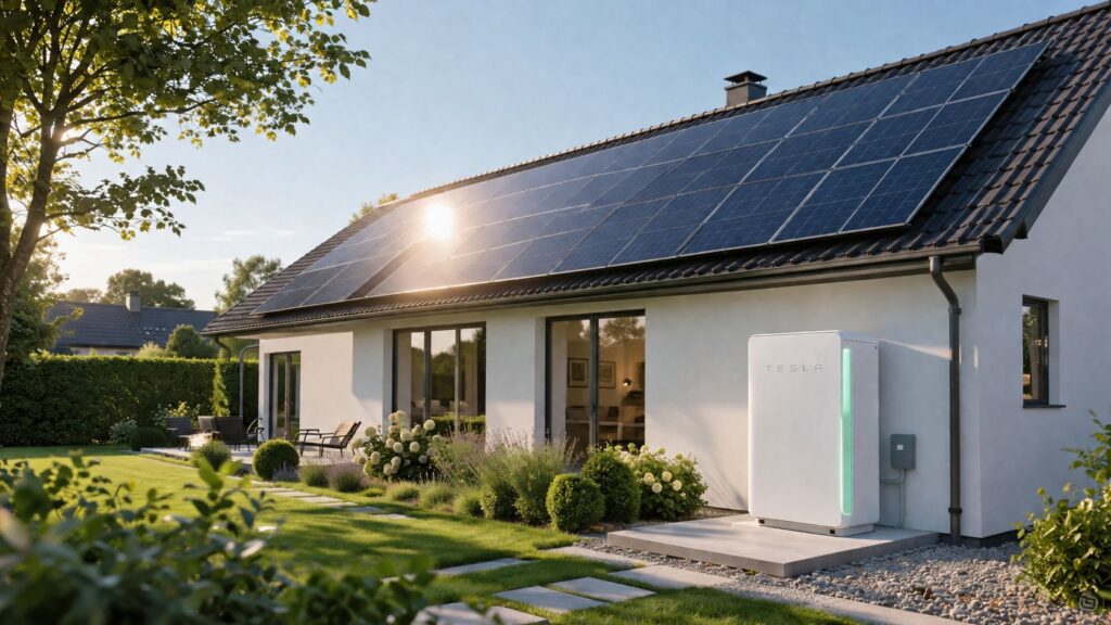 Hus med solcellepaneler til vedvarende energi.