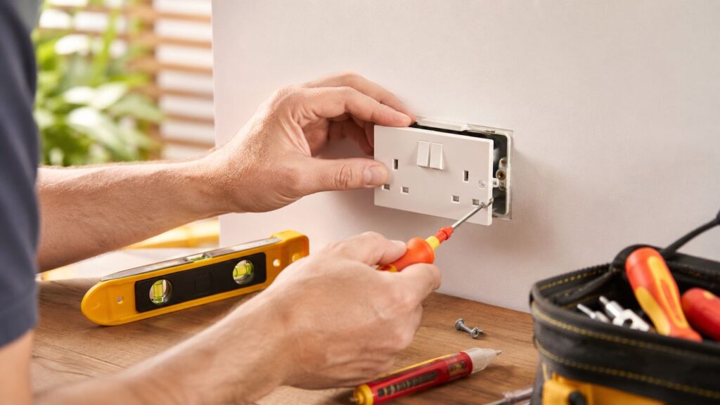 Elektriker arbejder på at installere en stikkontakt i væggen.