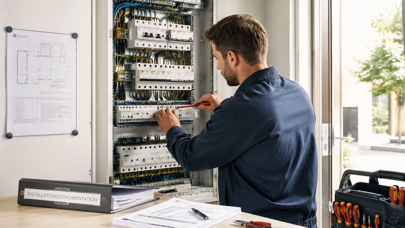 En elektriker arbejder fokuseret på at installere og vedligeholde elektriske komponenter i et moderne sikringsskab.