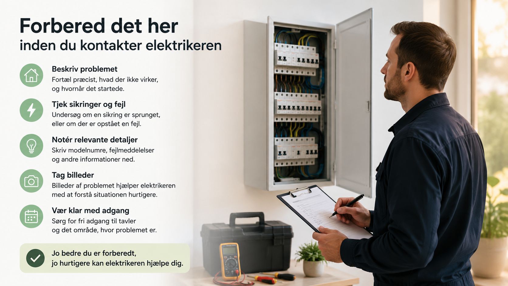 En elektriker forbereder sig ved at gennemgå en tjekliste før et besøg for at løse elektriske problemer.